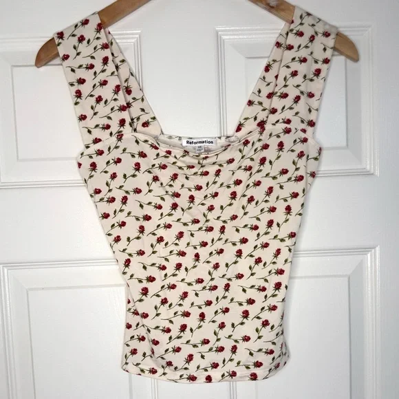 REFORMATION Clarke Knit Tank - Madison Rose Floral White Green Red XS - Picture 2 of 5